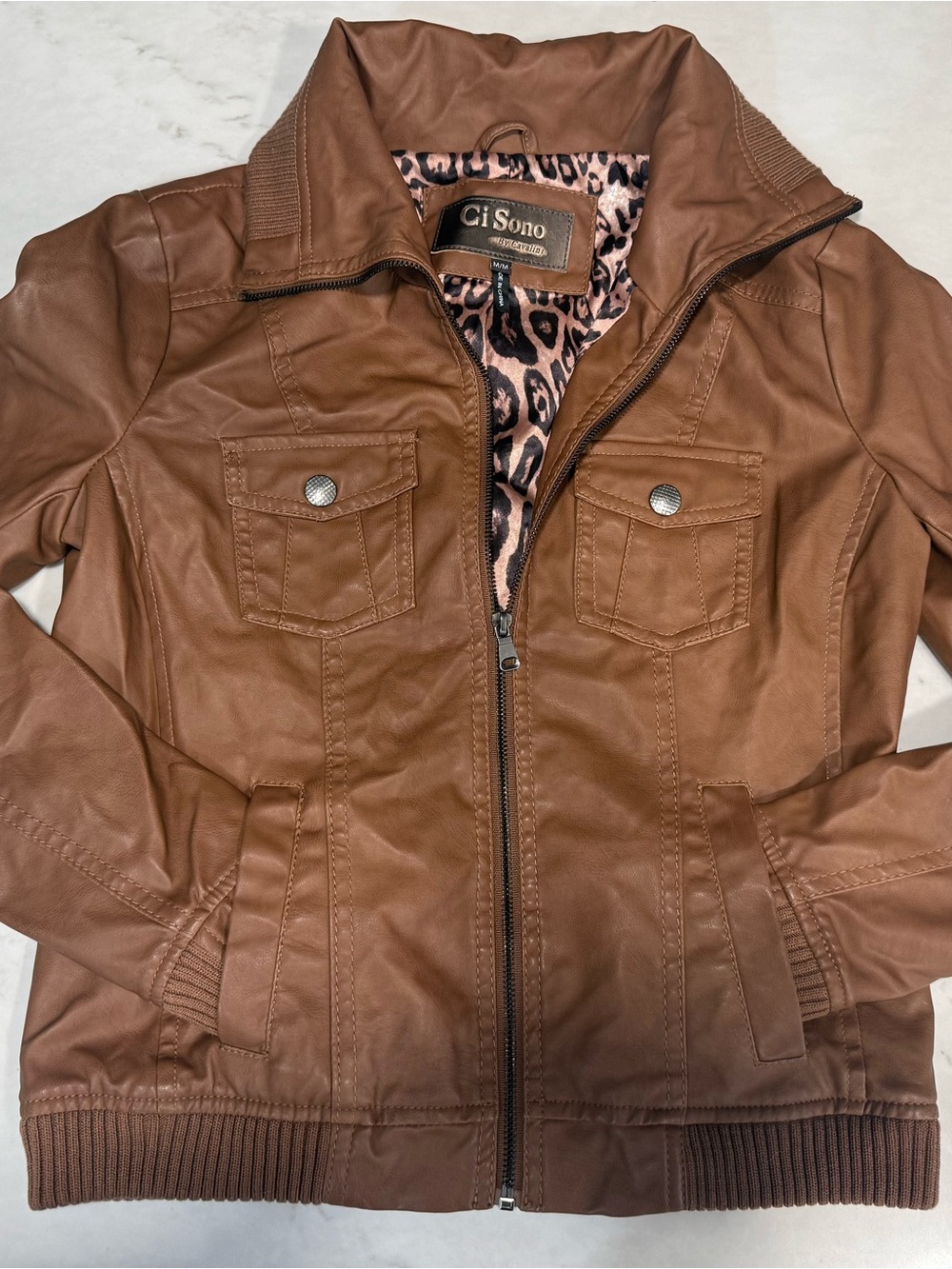Ci Sono Tan Faux Leather Bomber Jacket with Leopard Print Lining